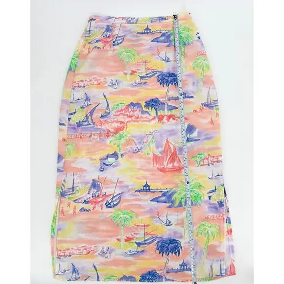 Vtg Bushwacker Brisas Island Watercolor Scenic Maxi Skirt Sz 12 Tropical Lined - Picture 6 of 13